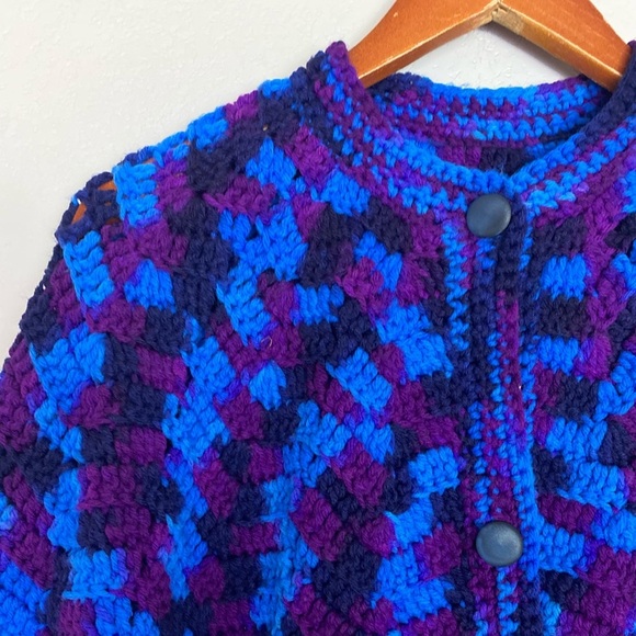 Vintage Handmade Knit Button Front Blanket Poncho - Picture 2 of 5